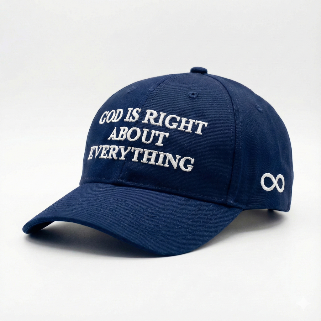 Glory blue cap with white text 'GOD IS RIGHT ABOUT EVERYTHING' on a light gray background