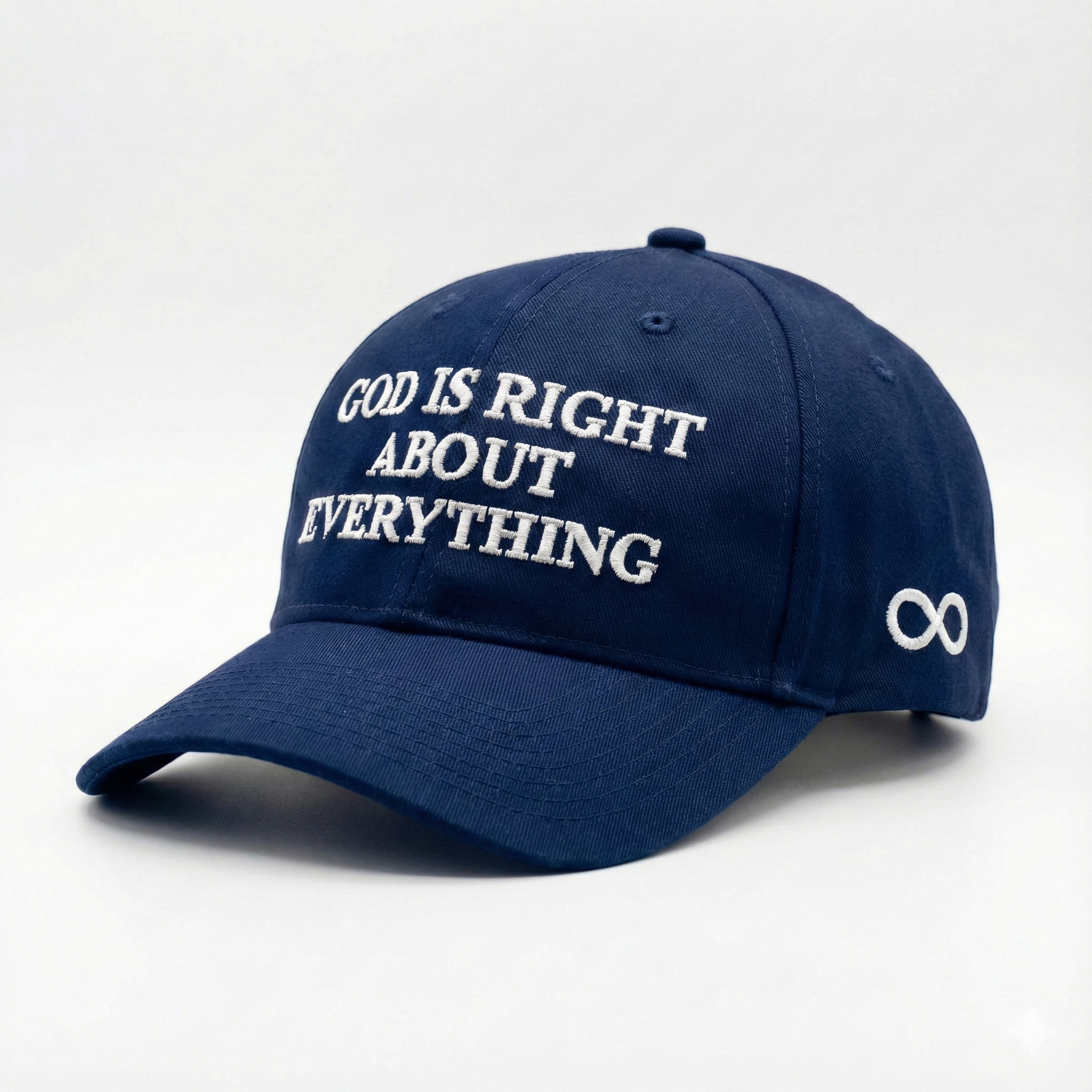 Glory blue cap with white text 'GOD IS RIGHT ABOUT EVERYTHING' on a light gray background