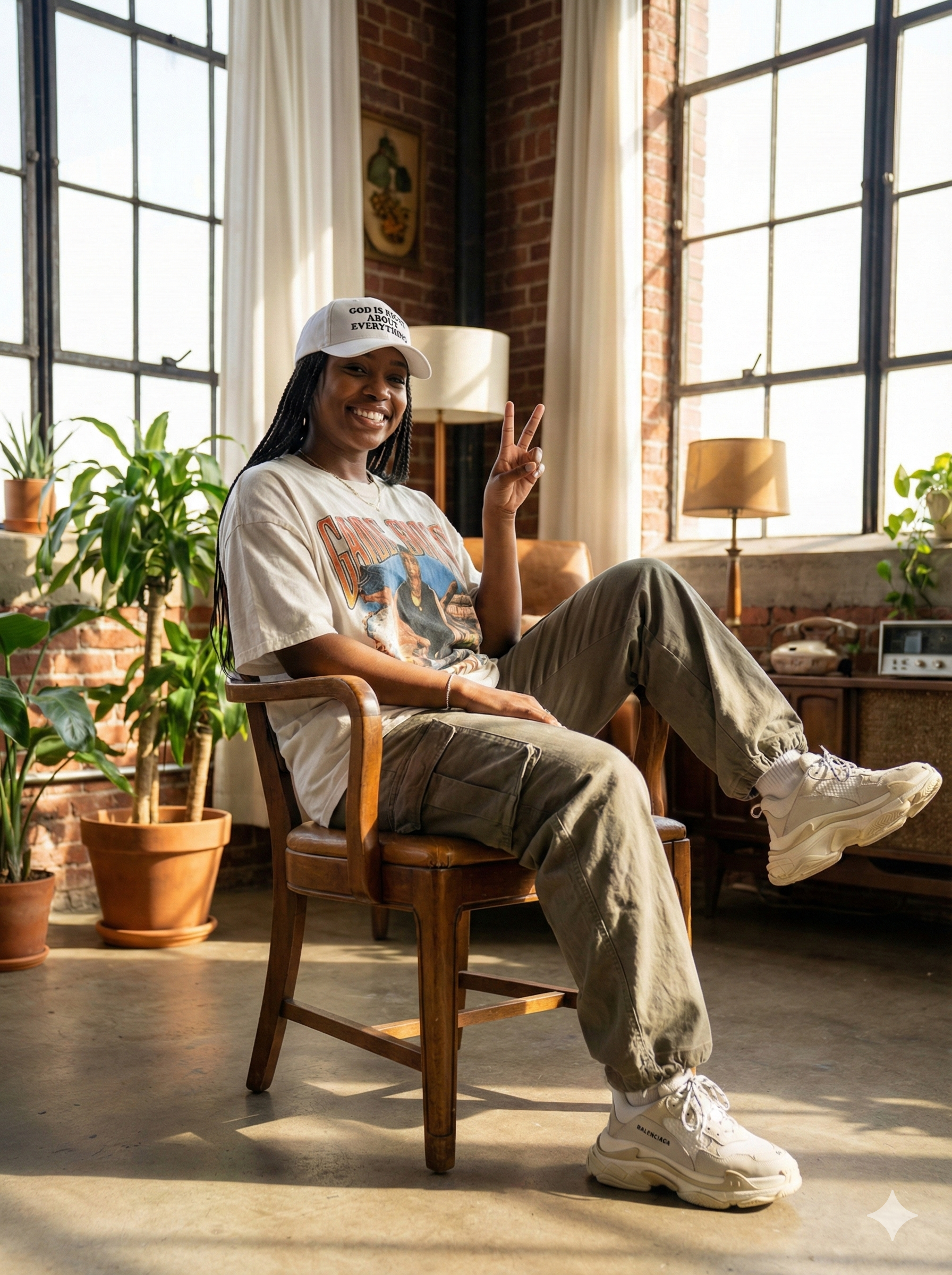 Person sitting in a chair in a sunlit room with plants and furniture.