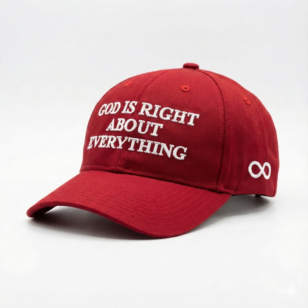 Red cap with 'God is right about everything' text on a white background