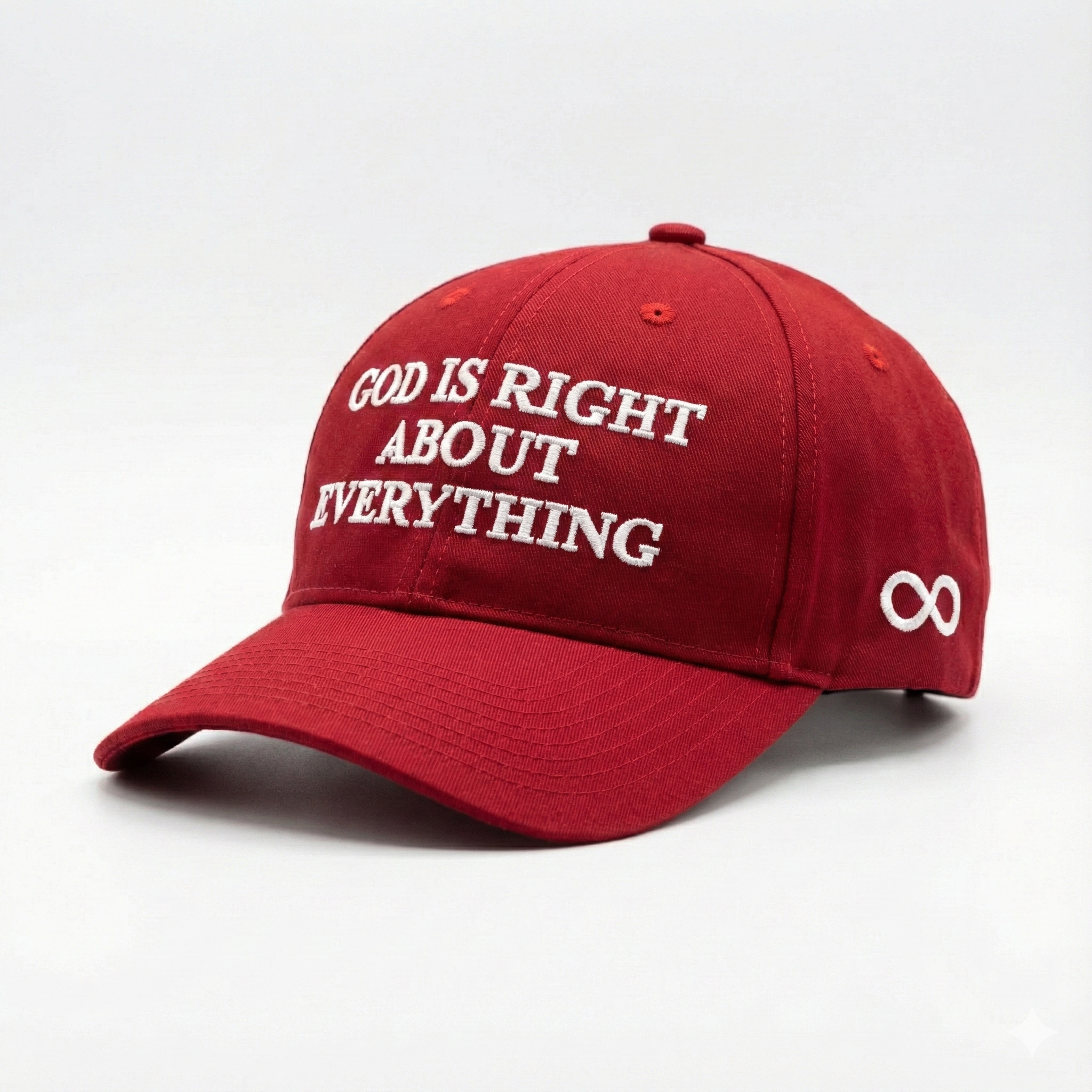 Red cap with 'God is right about everything' text on a white background