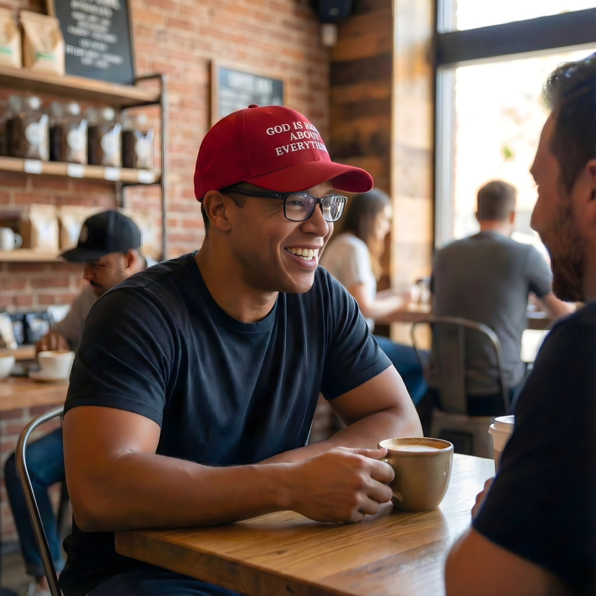 Two men sitting at a table in a casual setting, one wearing a red cap with text "God is right about everything".