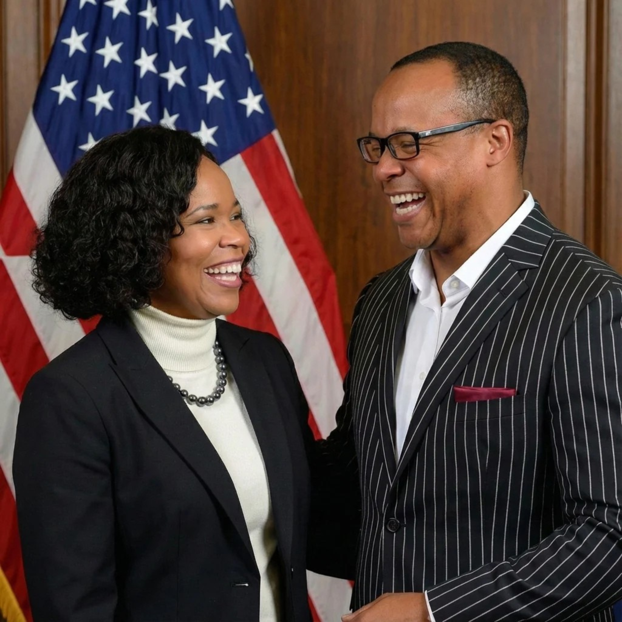 Dana and David shaking hands in front of an American flag