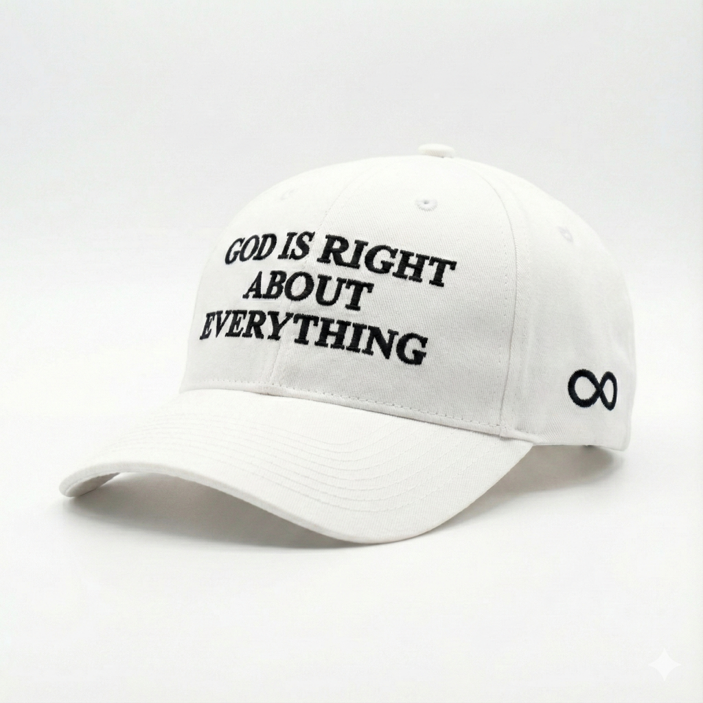 White cap with 'God is right about everything' text and infinity symbol on a white background