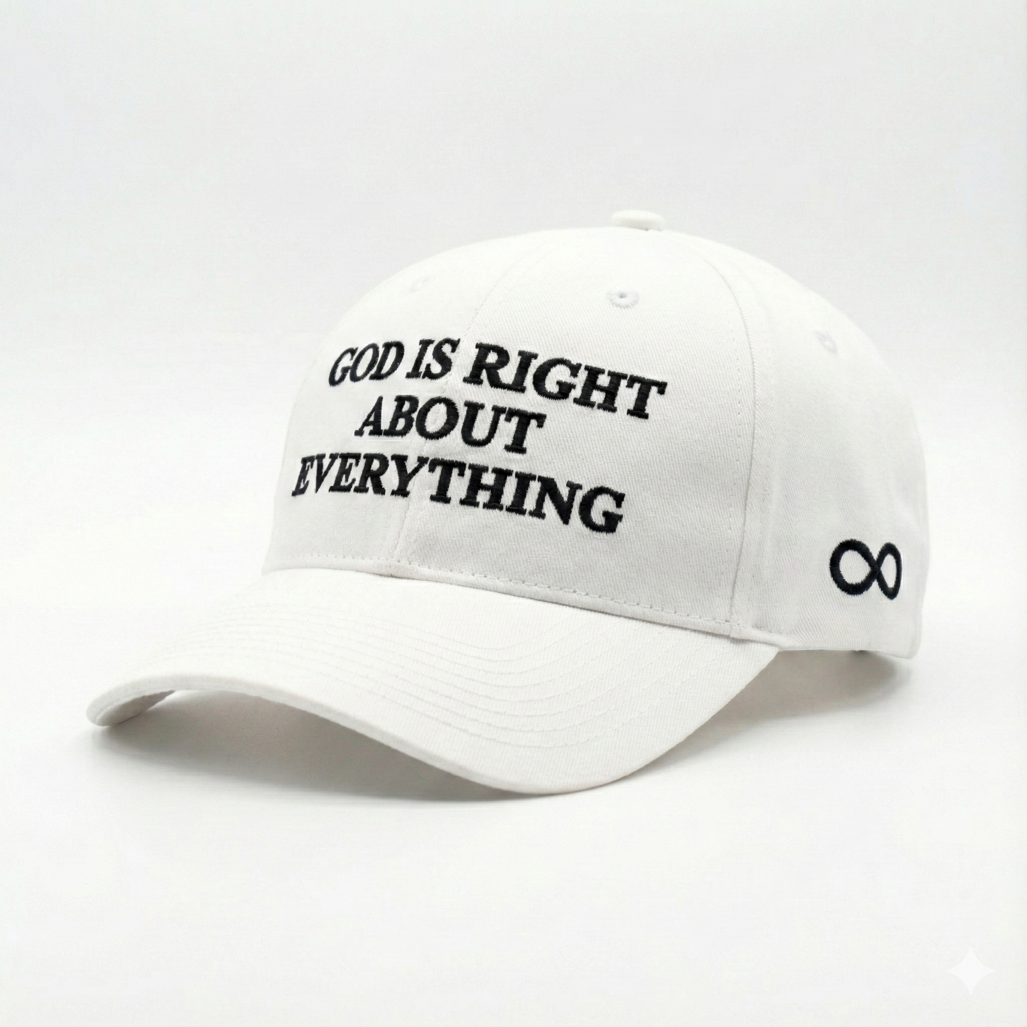 White cap with 'God is right about everything' text and infinity symbol on a white background