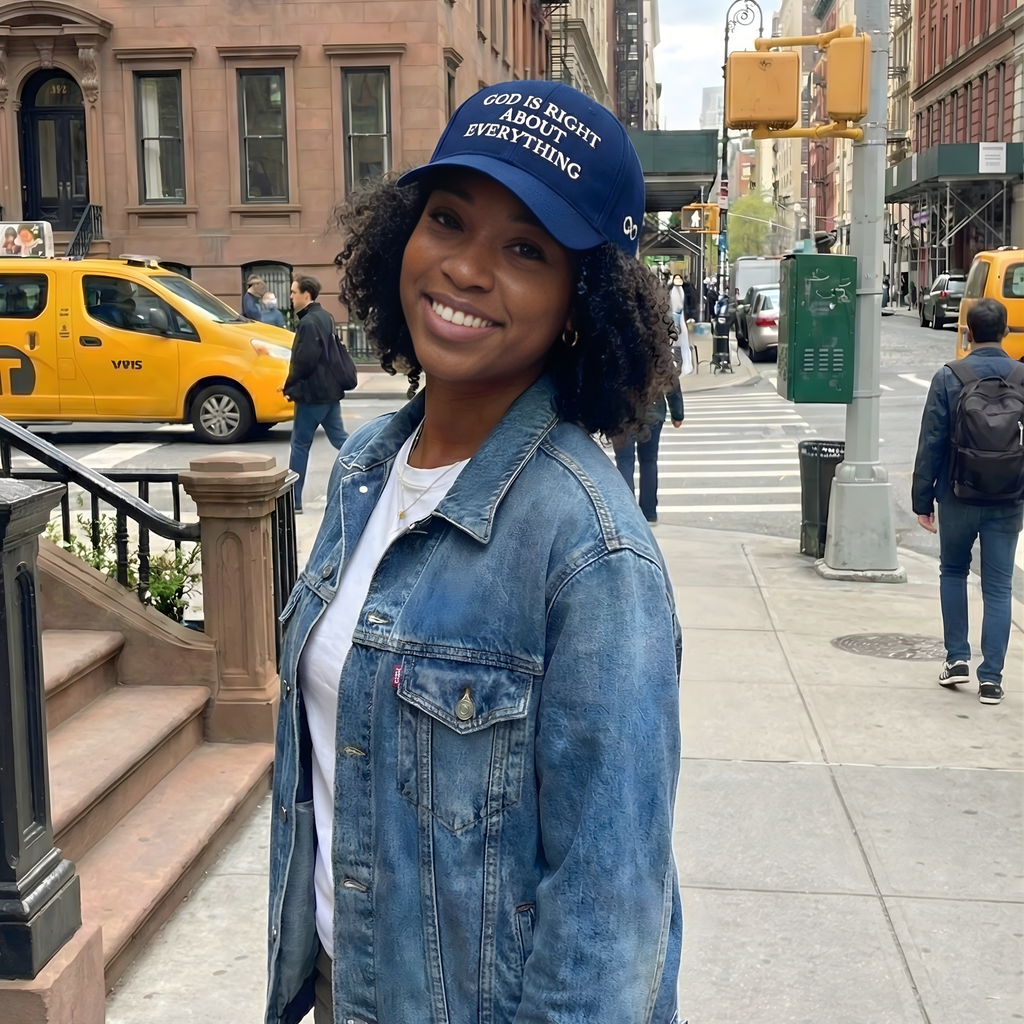 Woman wearing glory blue hat 