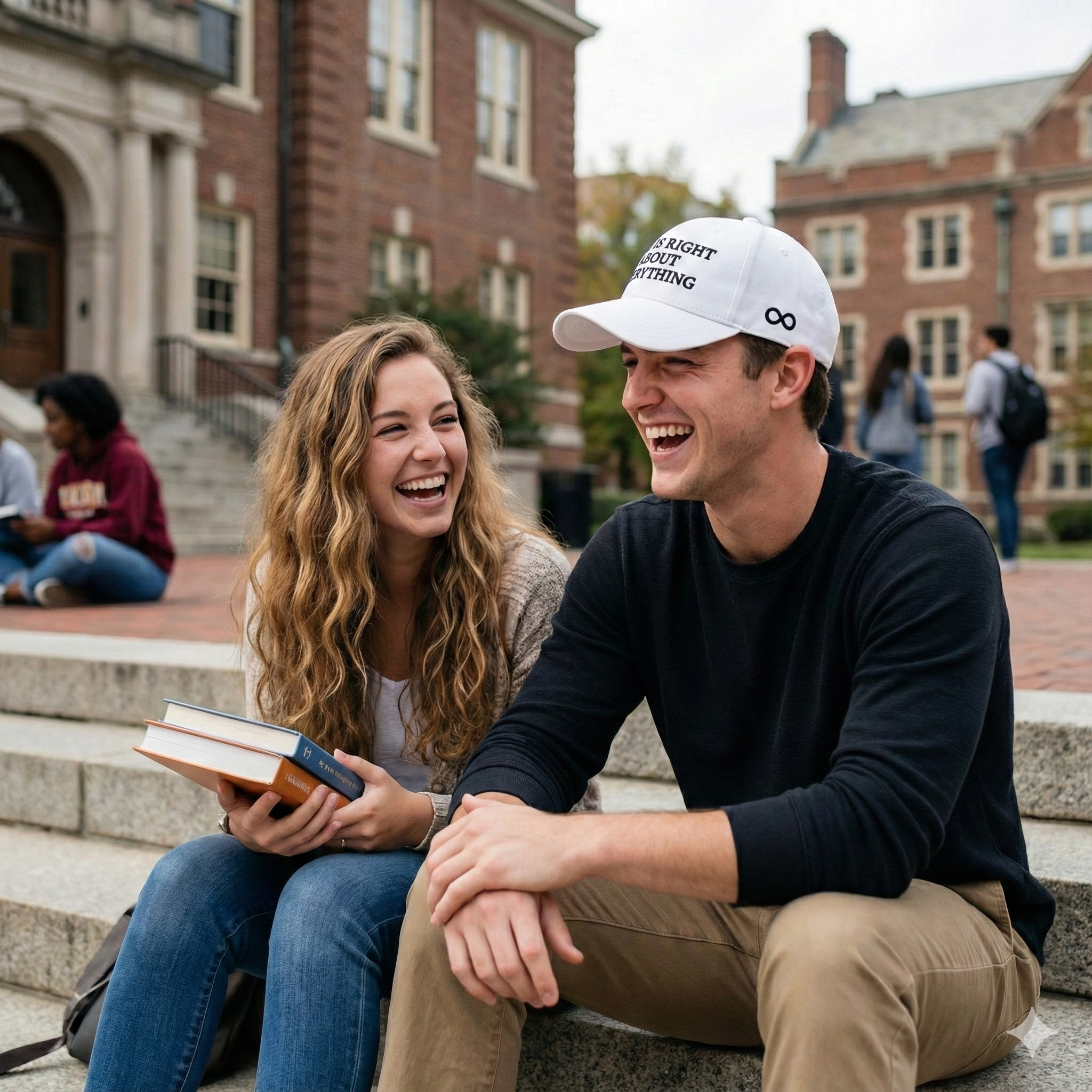 Two students sitting on steps outdoors with a book, laughing. Person wearing white hat 